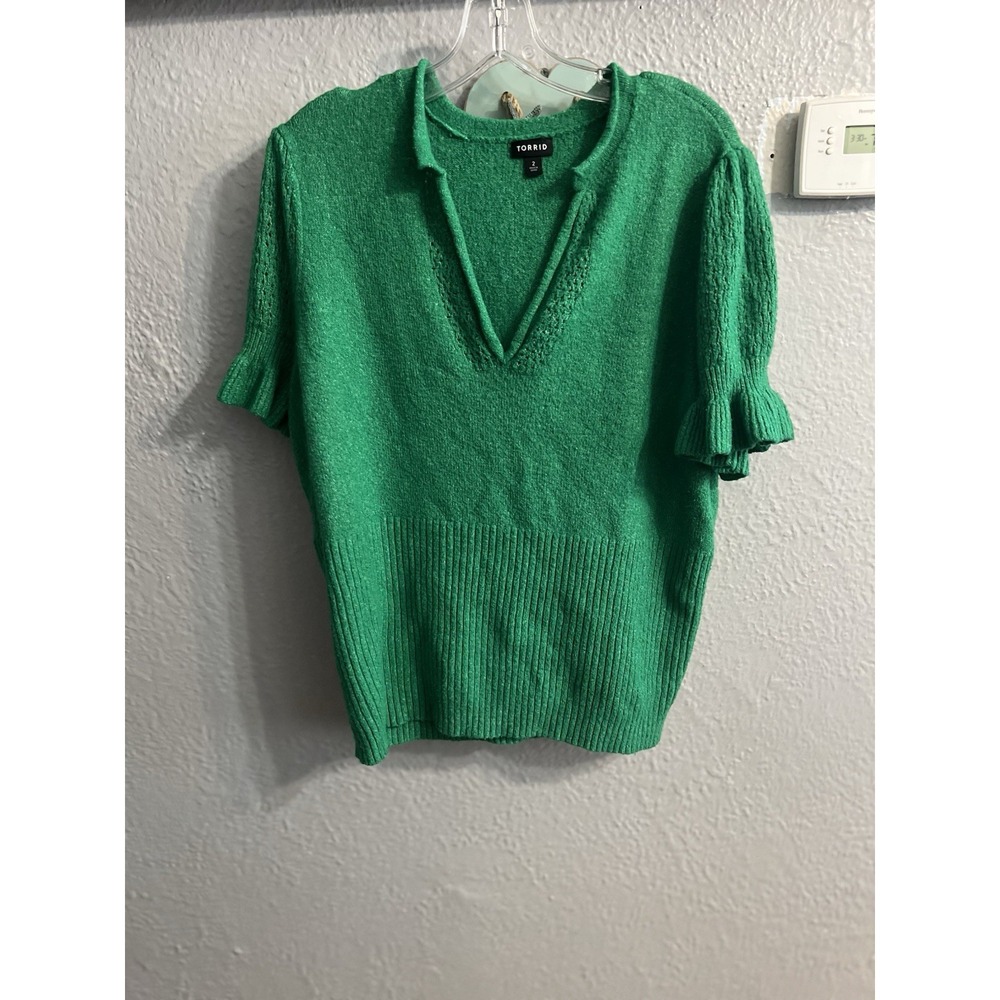 Torrid Sweater Women's 2 Knit Pullover Green  Short Ruffle Sleeve V Neck